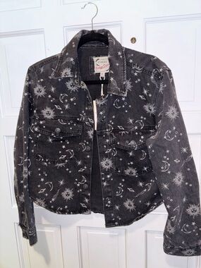 Stoosh Black Denim Jacket with White Celestial Print Size Med NWT